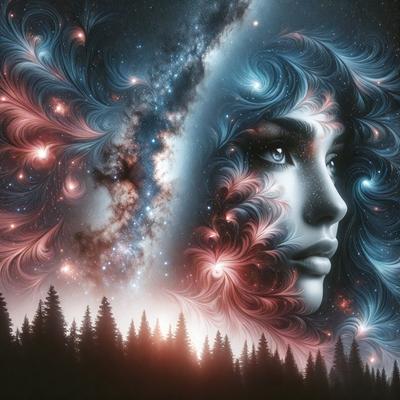 The primary subject of the image is a woman with long hair, who is the main focus of the scene. She is surrounded by a beautiful and colorful background, which includes a sky filled with stars and a forest of trees. The visual style of the image is a combination of digital art and illustration, creating a vibrant and artistic atmosphere. The colors and mood of the image are predominantly warm and inviting, with the woman's hair and the surrounding environment both contributing to the overall ambiance.